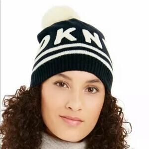 DKNY Black White Varsity Letter Beanie Pom Pom